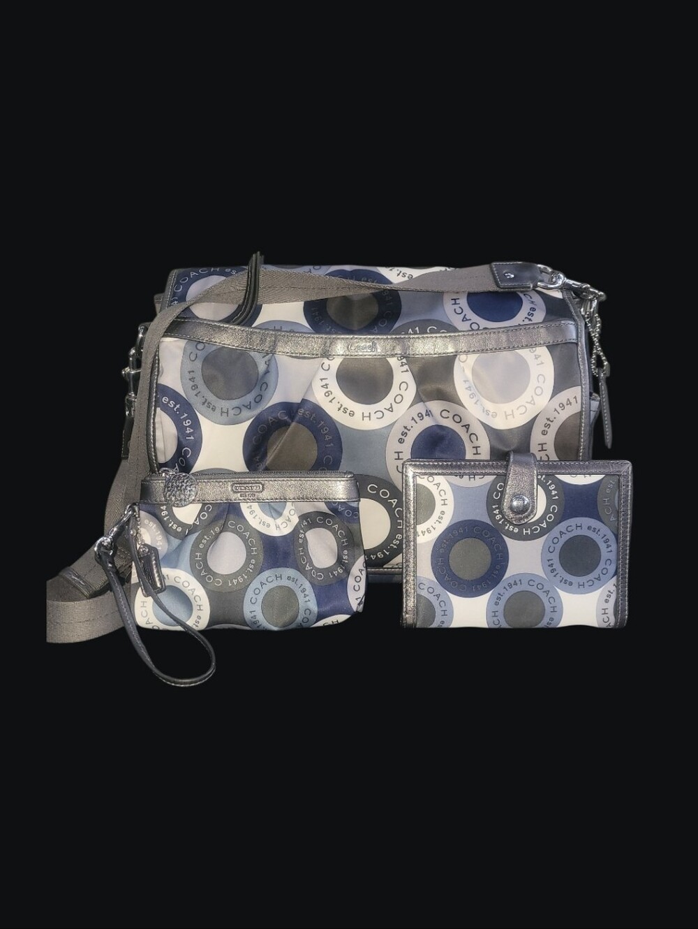 COACH Signature Snaphead Diaper Bag Set in Silver Blue 2011 Style F18377
